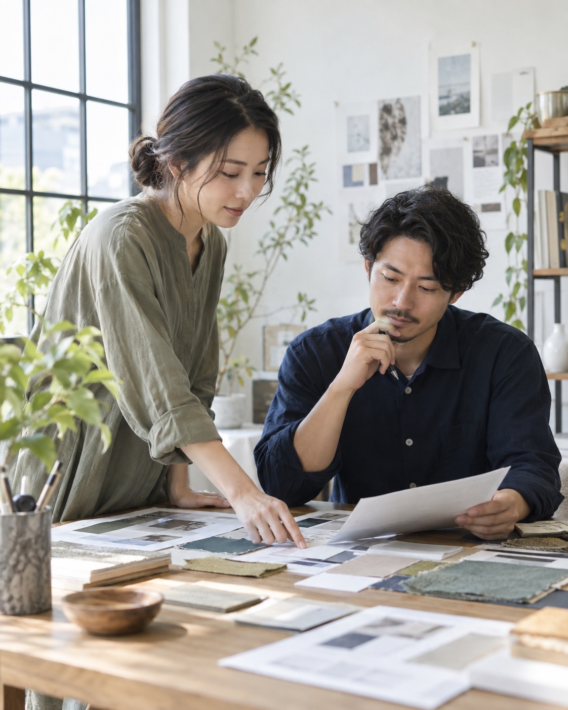 制作スタジオで資料を検討する専門サービスのチーム